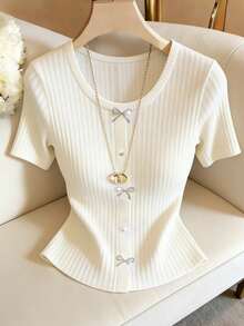 GlowEve Women's Elegant Elegant Daily/Office Commute Solid Ribbed Knit Short Sleeve T-Shirt With Rhinestone Bow Decor - White - View 1