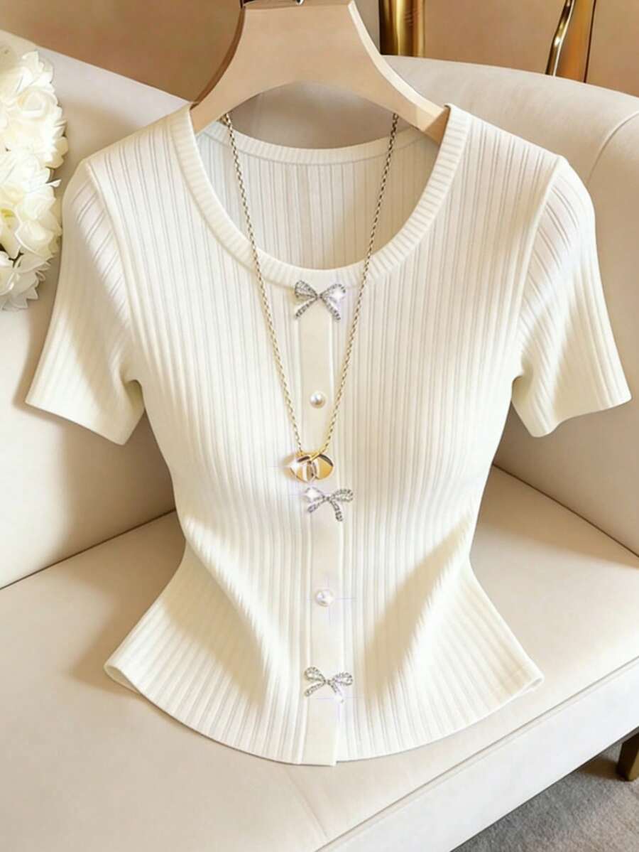 GlowEve Women's Elegant Elegant Daily/Office Commute Solid Ribbed Knit Short Sleeve T-Shirt With Rhinestone Bow Decor - White - View 1