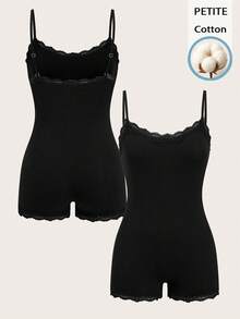 SHEIN PETITE 92% Cotton Lace Jumpsuit, Versatile Style Suitable For Petite, Office Wear For Spring/Summer - Black - View 1