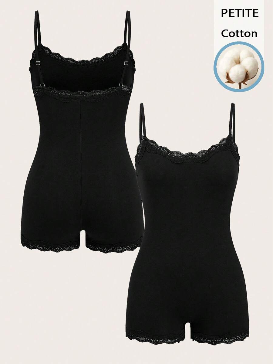 SHEIN PETITE 92% Cotton Lace Jumpsuit, Versatile Style Suitable For Petite, Office Wear For Spring/Summer - Black - View 1