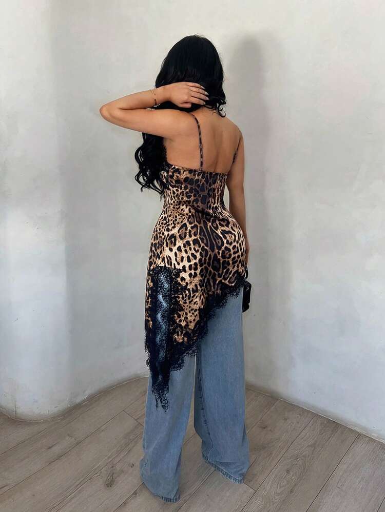 SHEIN SXY Áo hai dây ren họa tiết da báo gợi cảm và thanh lịch cho mùa hè - Nhiều màu - Xem 2