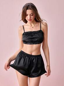Bonmuse 2pcs Women Camisole Top + Elastic Waist Shorts Pajama Set - Black - View 6