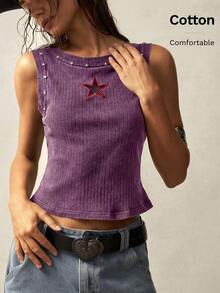 Bohemela Camiseta ajustada de cuello redondo de punto de unicolor - Morado - Ver 7