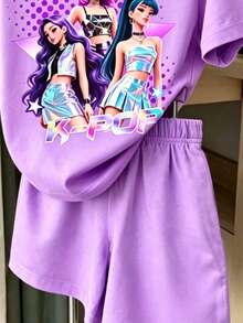 女童夏季新款K-POP女团印花紫色短袖套装，儿童可爱星星印花T恤+配套短裤两件套，韩版休闲装 - 白色 - 查看 3