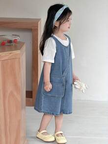 DAZY Đầm denim không tay kèm túi đeo chéo, dáng rộng cho bé gái (size nhỏ) - Rửa trung bình - Xem 8