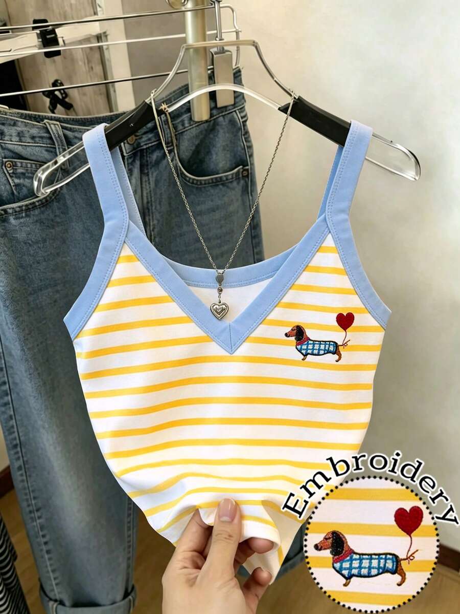 Women's Dachshund Dog Embroidered Striped Camisole Top - Multicolor - View 1