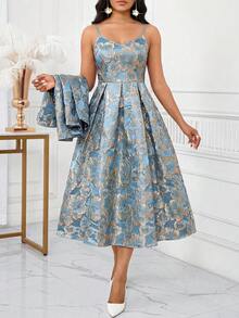 SHEIN Lady Bộ 2 món thanh lịch dành cho nữ: áo khoác và váy slip in hoa. - Màu xanh lam - Xem 5