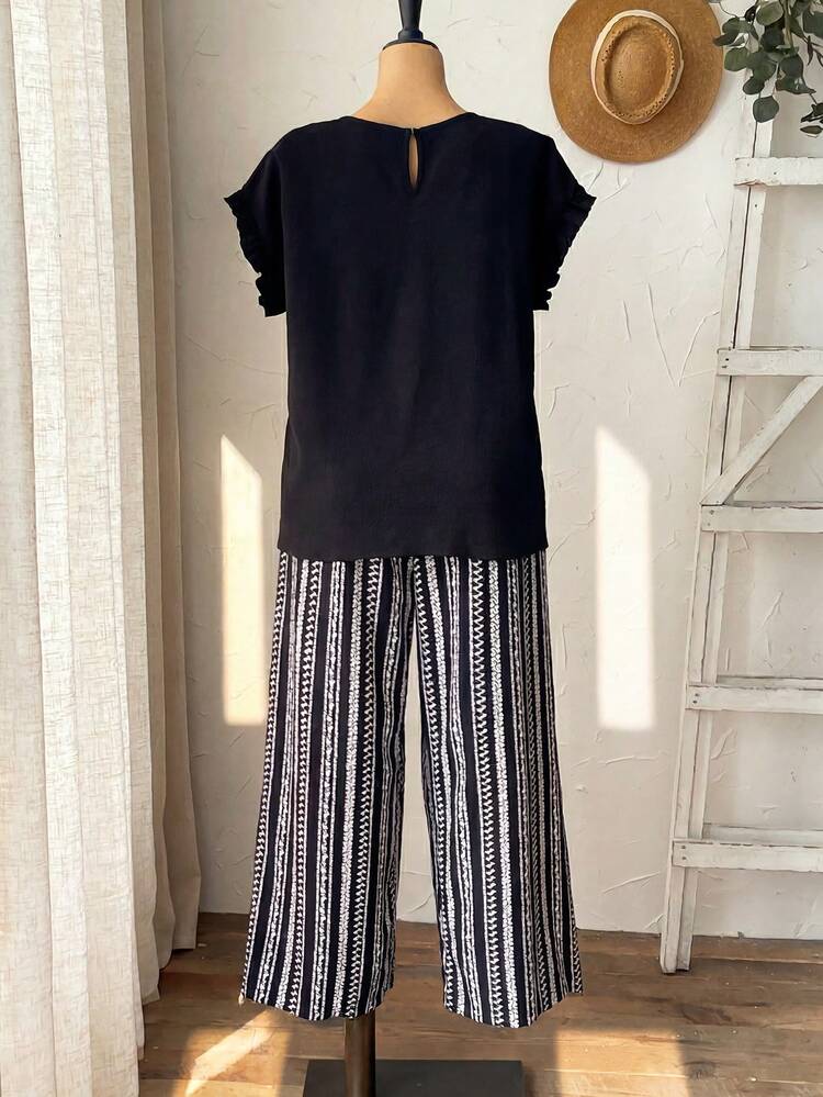 Plus Size Women's Shoulder Petal Sleeve Shirt With Ruffle Hem And Elastic Waist Pants Set, Black, Bohemian Casual Suitable For Spring And Summer Summer Summer Outfit For Women Festival Outfits For Women Beach Outfits For Women Vacation Outfits Women Holiday Outfits  For Women Country Concert Outfit  Casual Sets For Women