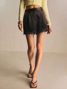 Poéselle Satin & Lace Patchwork Slant Pocket Elegant Wide Leg Shorts, Brown Shorts,Summer Outfits For Women,Spring/Summer - Coffee Brown - View 4