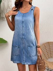 Zayélia Đầm ngắn không tay hiệu ứng denim dành cho nữ, thích hợp cho kỳ nghỉ hè. - Rửa nhẹ - Xem 7