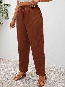SHEIN Frenchy Plus Size Vacation Solid Color Knotted Casual Pants With Pockets - Rust Brown - View 6