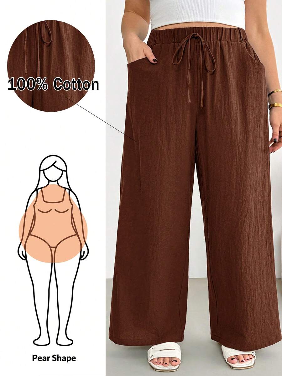 Shapeblank Quần ống rộng cạp chun màu xanh đậm, thời trang nữ mùa xuân/hè, dáng rộng thoải mái, cơ bản, đa năng, thích hợp mặc hàng ngày, trang phục mùa xuân, quần nữ, trang phục đi nghỉ mát. - Cà phê nâu - Xem 1