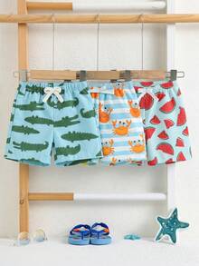 SHEIN Kids 3pcs/Set Baby BoyCute Lemon, Crab & Turtle Print Swimsuit Shorts, Swimwear Set, Suitable For Beach, Vacation, Surfing - Multicolor - View 4