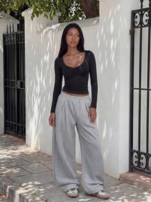 Women's Fleece Elastic Waist Solid Color Pleated Casual Sweatpants - Grey - View 4