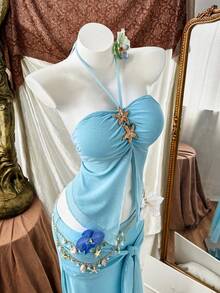 Sunnyshic Bộ đồ đi nghỉ hè gợi cảm, quyến rũ gồm áo croptop không dây và chân váy mini ôm sát. - Màu xanh lam - Xem 7