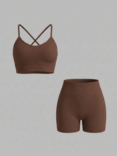Sweetra Bộ đồ tập yoga liền mạch 2 món Bộ đồ thể thao Criss Cross hở lưng có gân Áo ba lỗ kiểm soát bụng Quần short bó sát tập luyện cho nữ Bộ đồ tập gym cho nữ