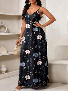 SHEIN Lady 女士休闲碎花无袖连衣裙，夏季 - 黑色 - 查看 3