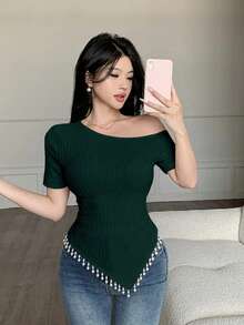 Modelyn 杏色提花不对称领珍珠流苏优雅休闲T恤，适合约会和外出，秋季 - 墨綠色 - 查看 4