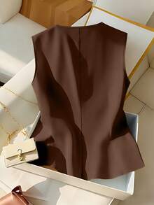 SHEIN Franclia Elegant Sleeveless Yellow Blouse, Chic & Slimming Summer Top For Women - Coffee Brown - View 2