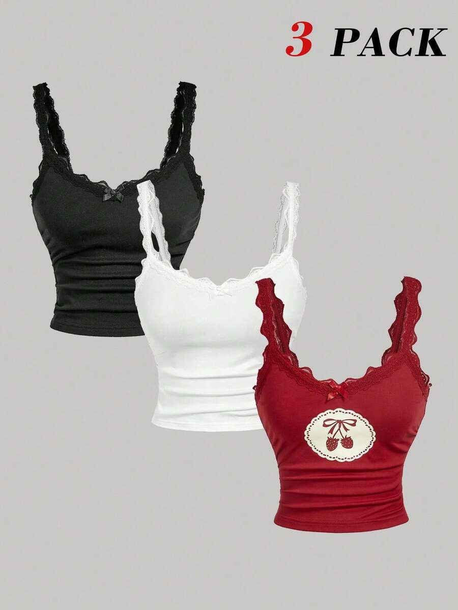 SHEIN MOD 3件套女士夏季休闲蕾丝边吊带背心 - 彩色 - 查看 1