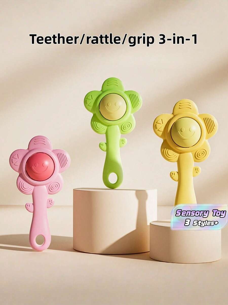 3-In-1 Teething Rattle Sensory Toy Suitable For Fhildren Over The Age Of Three Chewable Texture Gripping Sound Features Early Learning Development Holiday Birthday Gift For Newborns - Multicolor - View 1