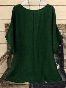 SHEIN LUNE CURVE Áo kiểu nữ cỡ lớn, màu trơn, cổ tròn, thích hợp mặc đi nghỉ mát. - Màu xanh lá cây đậm - Xem 2