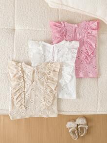 SHEIN Playful Pals 3件套彩色爱心条纹荷叶边圆领套头T恤，柔软舒适，休闲可爱，春夏新品 - 粉色 - 查看 2