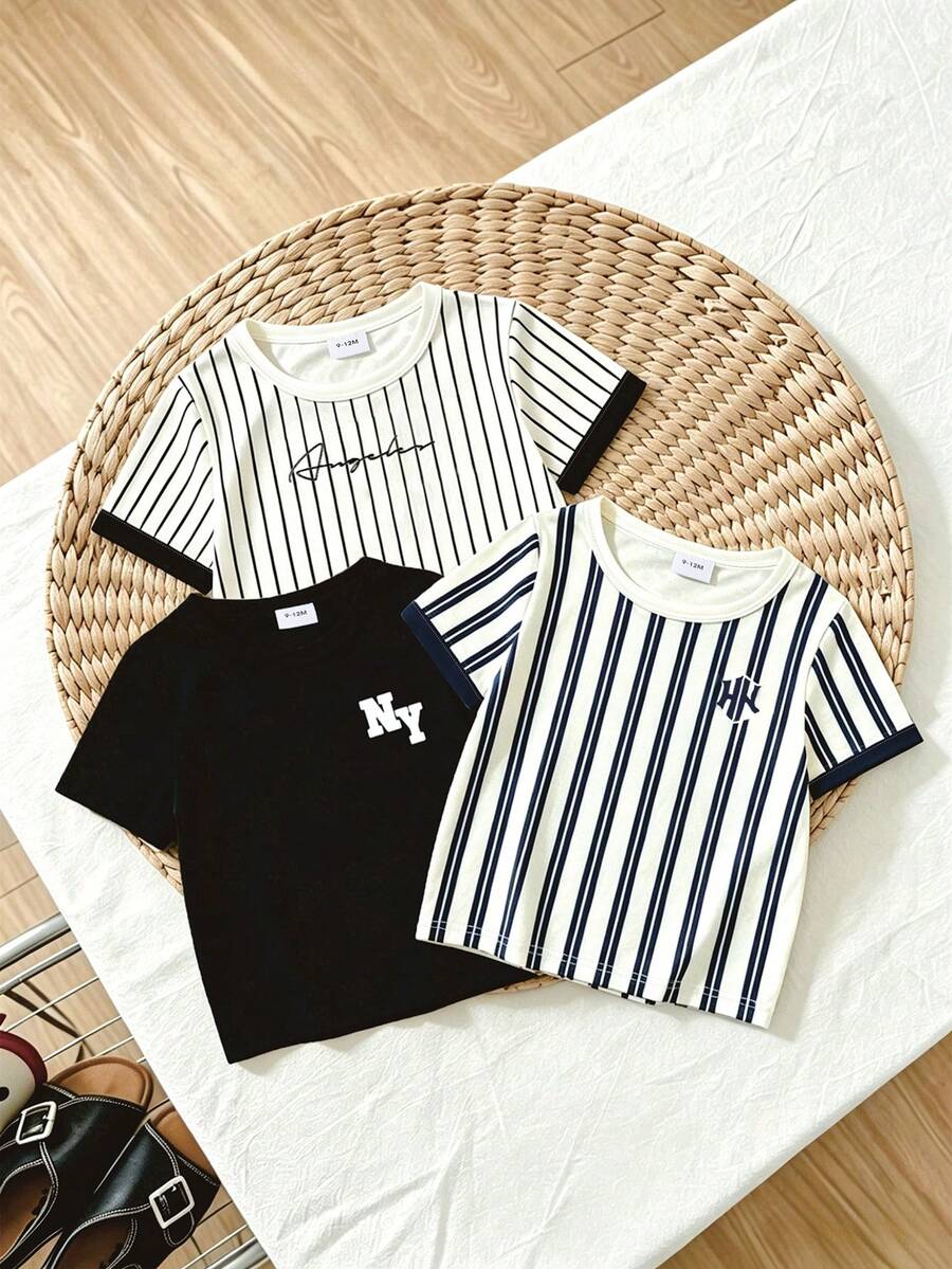 SHEIN Playful Pals Bộ 3 áo thun ngắn tay kẻ sọc và in chữ cho bé trai, phối màu trơn, thích hợp cho các hoạt động mùa hè.