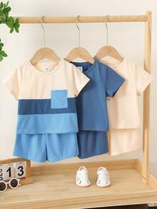 SHEIN 6pcs/Set Baby Boys/Girls Cute Solid Color & Contrast Color Short Sleeve T-Shirt And Elastic Waist Shorts Basic Outfit Set, Spring/Summer - Multicolor - View 9