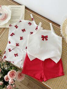 SHEIN 4件套/女婴休闲可爱夏季套装：白色粉色蝴蝶结印花背心，搭配短裤 – 四件套 - 紅色 - 查看 6