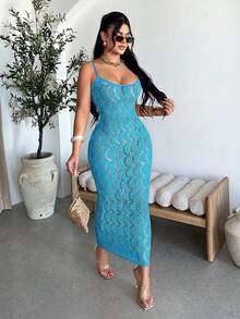 SHEIN SXY 女士镂空修身性感吊带连衣裙，蓝色 - 藍色 - 查看 4