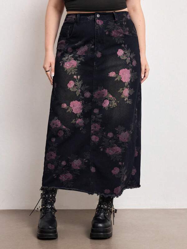 ROMWE Fairycore Vintage Rose Print Washed Black Versatile Plus Size Denim Skirt