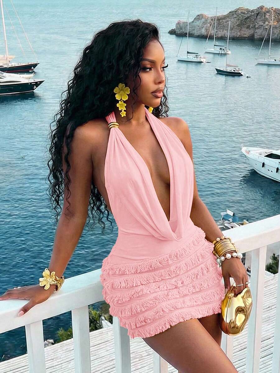 Slaydiva فستان قصير للنساء بياقة هالتر وياقة متأرجحة مع شراريب، مناسب للربيع/الصيف، الشاطئ، الأناقة، الرومانسية، حفلات الجنس، المواعدة، حفلات عيد الميلاد، الكاجوال والأناقة - وردي - مشاهدة 1