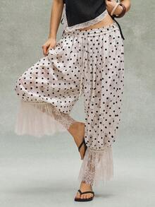 Bohemela Conjunto de primavera/verano bohemio: Pantalones holgados de estilo bohemio, casual y de vacaciones para mujer, con estampado de lunares y parches de tejido. Ideal para vacaciones en la playa, conciertos con estilo occidental/country, festivales de música y fiestas. Adecuado para looks de vacaciones en la playa, uso diario, vuelta al colegio, salidas y fiestas. También es genial para looks inspirados en los años 2000, estilo Y2K y atuendos de vacaciones de verano. - Albaricoque - Ver 1
