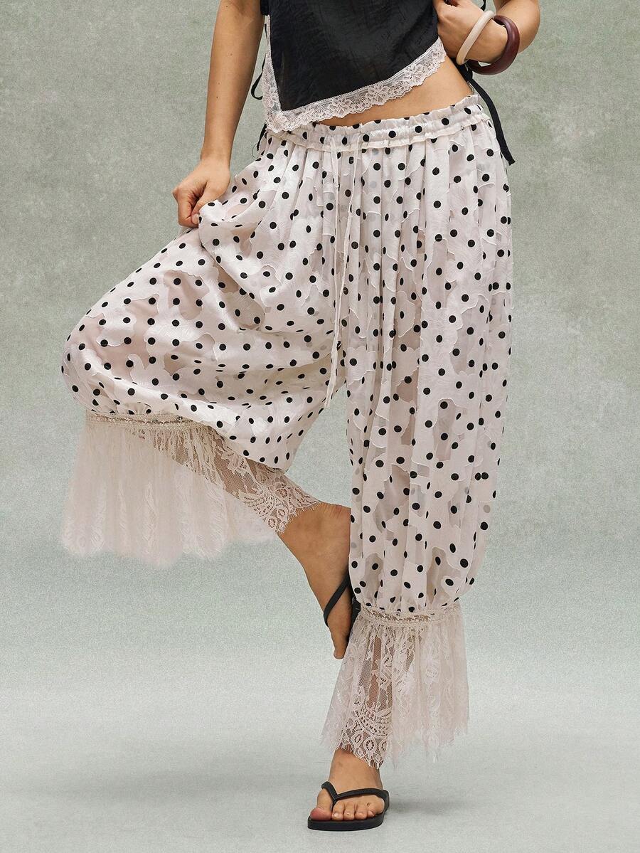 Bohemela Conjunto de primavera/verano bohemio: Pantalones holgados de estilo bohemio, casual y de vacaciones para mujer, con estampado de lunares y parches de tejido. Ideal para vacaciones en la playa, conciertos con estilo occidental/country, festivales de música y fiestas. Adecuado para looks de vacaciones en la playa, uso diario, vuelta al colegio, salidas y fiestas. También es genial para looks inspirados en los años 2000, estilo Y2K y atuendos de vacaciones de verano. - Albaricoque - Ver 1