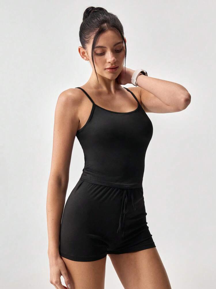 Loungeista Women's Casual Solid Color Camisole And Shorts Pajama Set, Summer - Black - View 7