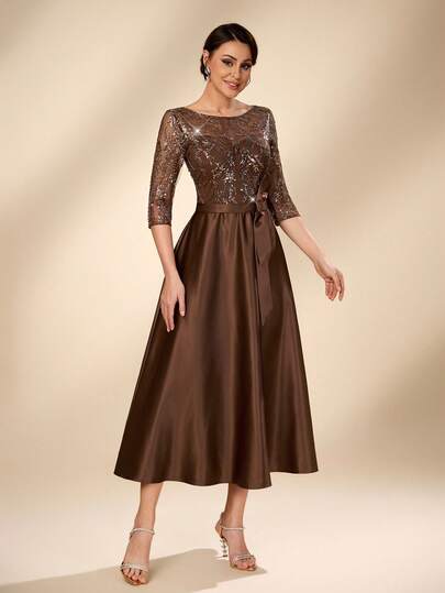 Serin Women's Elegant Luxurious Coffee-Colored Round Neck 3/4 Sleeve Dress With Bow Waist Belt, A-Line Silhouette, Suitable For All Formal Occasions, Bridal Mother Dress