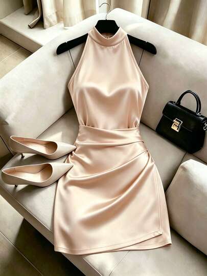 Franclia Đầm xếp ly cổ yếm dáng suông mùa hè dành cho nữ, chất liệu satin màu sâm panh, thích hợp cho các dịp trang trọng, tiệc tùng, thanh lịch, đám cưới, ngày Valentine, lễ tốt nghiệp, kỳ nghỉ, hẹn hò ngoài trời, trang phục mùa hè.