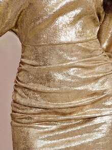 Avenya Asymmetric Neck Ruched Bodycon Dress With White Foil Design Golf Summer Sexy - Gold - View 3