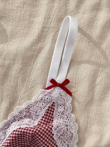 CottageSlumber Delicate Lightweight Plaid Lace Bra, French Style Cute Wireless Triangle Cup Comfortable Bra For Women Summer - Red and White - View 5