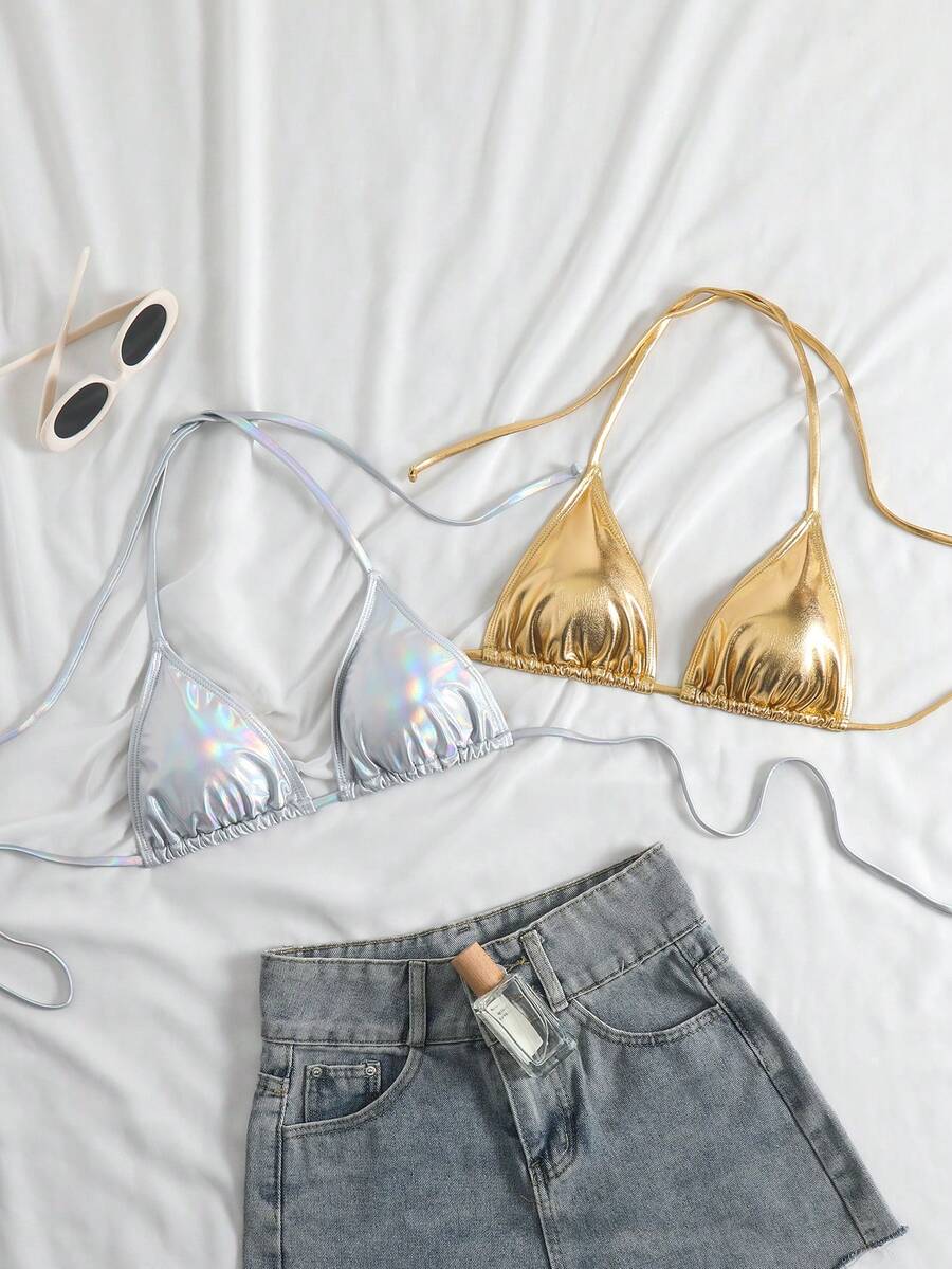 SHEIN Swim Metallic Silver Bikini Basic Casual Swimwear Top 2 Pieces Set - Multicolor - View 1