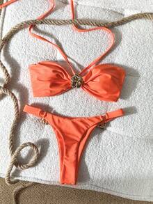 Swim Chiccia 女士纯色无肩带比基尼套装，饰有花卉金属装饰，春夏款 - 橘色 - 查看 4