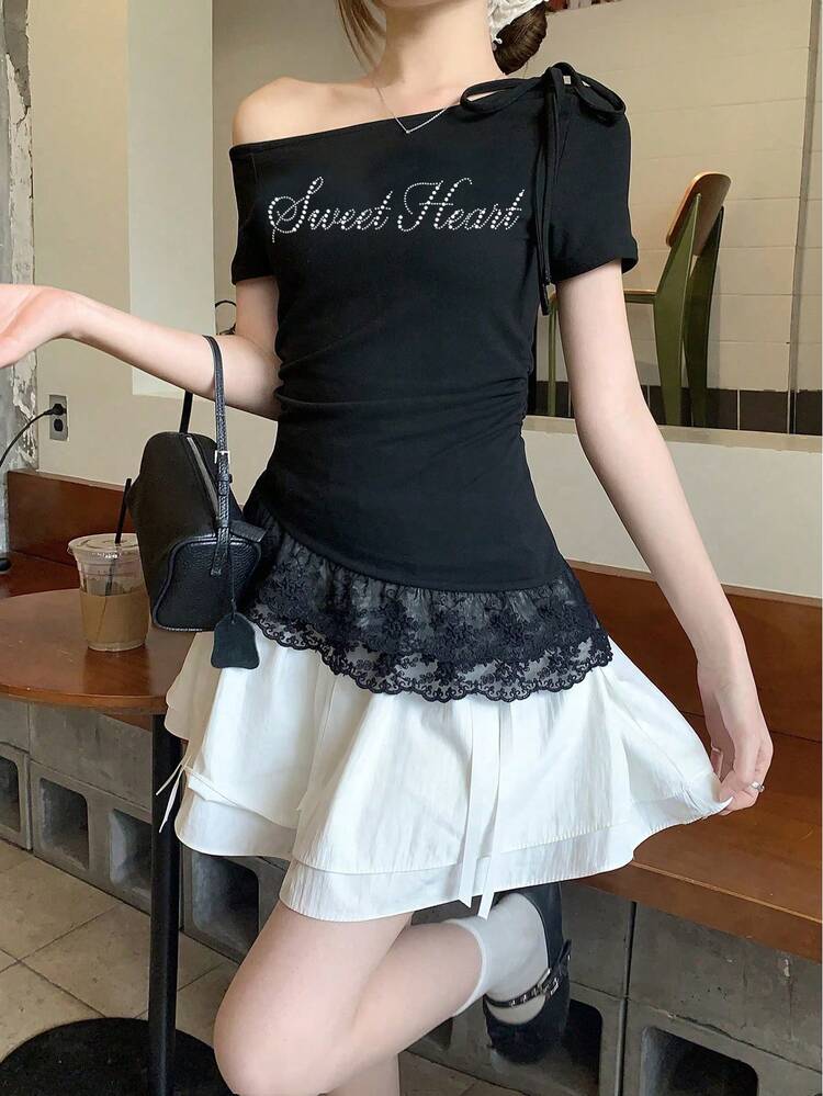 Women's Summer Black Lace Patchwork Asymmetric Neck Tie-Up Blouse With Rhinestone Letter Decor, Casual Pullover T-Shirt