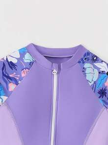 SHEIN Girls' Tropical Floral Print Front Zipper Raglan Sleeve One-Piece Swimsuit, Surfing/Sports Swimwear Suitable For Summer, Beach, Pool, Vacation - Mauve Purple - View 3