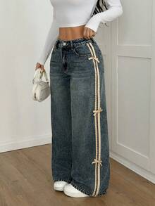 SHEIN Tall Women's Fashionable Side Stripe Bow Denim Jeans - Dark Wash - View 3