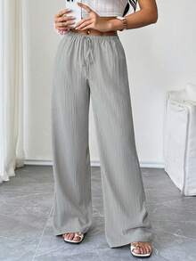 SHEIN PETITE Women's Solid Color Drawstring Waist Pocket Casual Versatile Daily Wear Wide Leg Pants - Baby Blue - View 4