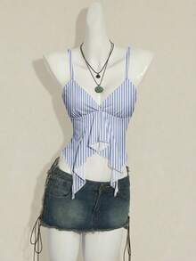 SHEIN ICON 女士复古条纹印花吊带背心，适合外出、街头风、机场穿搭、时尚、Y2K风格、海滩度假 - 彩色 - 查看 1