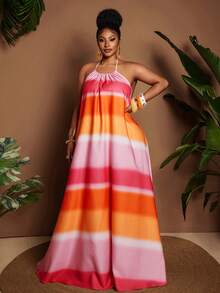 Maweii Plus Size European And American Style Versatile Sexy Printed Vacation Slip Dress - Pink - View 5