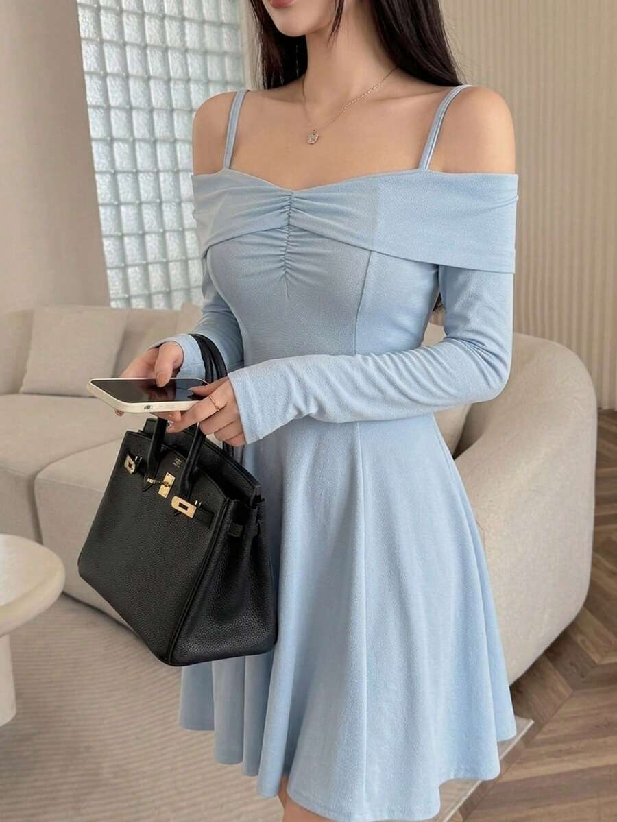 Feyla New Arrival French Sweet Off-Shoulder Strap Long Sleeve Elegant Waist-Cinching A-Line Dress - Baby Blue - View 1