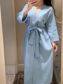 DAZY 女士卡通小狗印花长袖休闲睡袍 - 藍色 - 查看 5